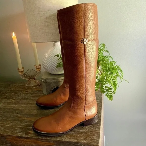 Tory Burch ‘Jolie’ Tall Luxury Riding Boots Pebbled Leather Womens 8.5 Tan Brown
